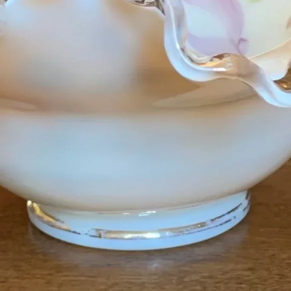 Vintage Fenton Silver Crest Crimped Edge Bowl Hand Painted with Charleton Design